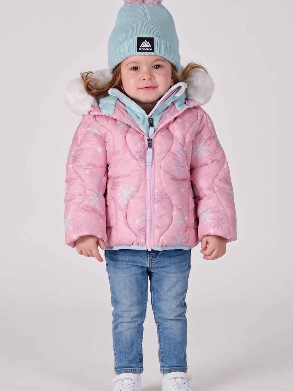 Snozū Pink Snowflake Puffer Jacket Toddler 2T Quilted Faux Fur Hood Winter
